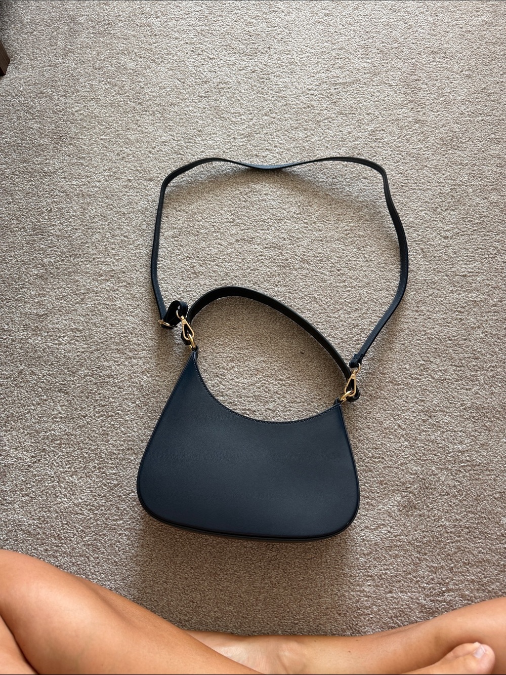 Minimalist Navy Blue Shoulder Bag with Gold-Tone Hardware